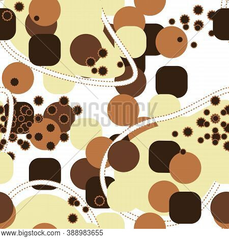 Abstract Brown Seamless Pattern With Yellow, White, Limon, Black, Dark Brown Colors, Lines, Dots, Fi
