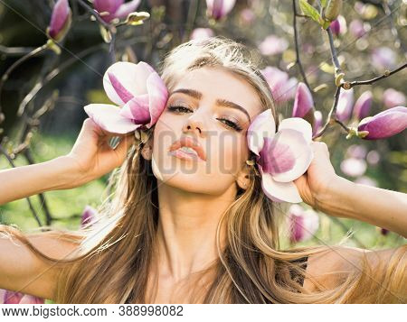 Spring Girl In Blooming Garden. Summer Girl And Sensual Moment. Beauty Woman Outdoors In Blooming Tr