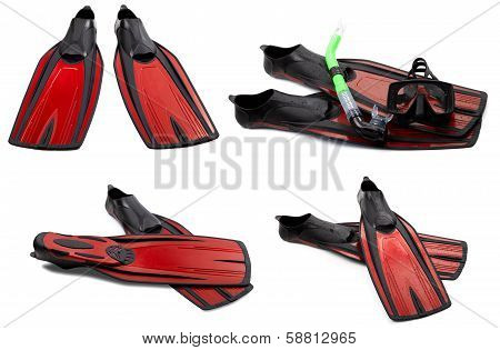 Set Of Red Swim Fins, Mask And Snorkel For Diving
