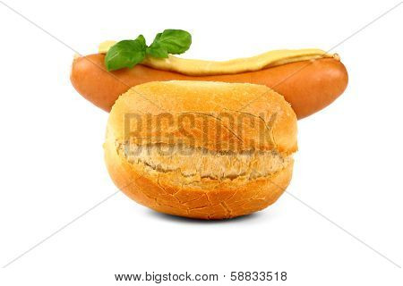 German Sausage With Bun, Mustard And Basil