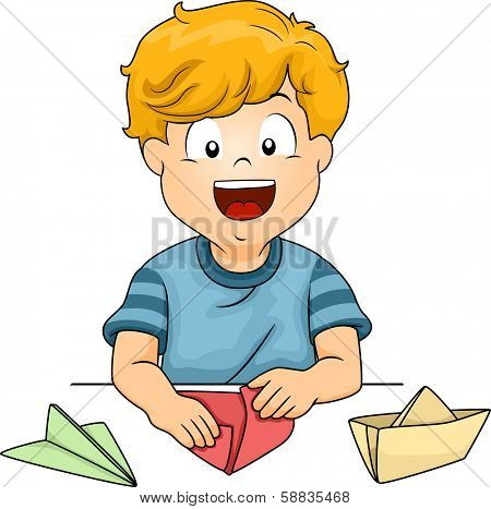 Illustration of a Little Kid Folding Pieces of Paper into Different Shapes