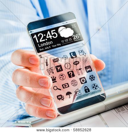 Smartphone (phablet) with a transparent display in human hands. Concept actual future innovative ideas and best technologies humanity.