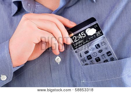 Smartphone (phablet) with a transparent display in a shirt pocket. Concept actual future innovative ideas and best technologies humanity.