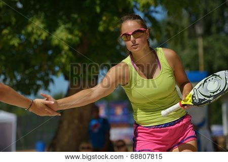 MOSCOW, RUSSIA - JULY 20, 2014: Dorothee Berreth of Germany in the match for 3rd place against Russia during ITF Beach Tennis World Team Championship. Russia won 3-0