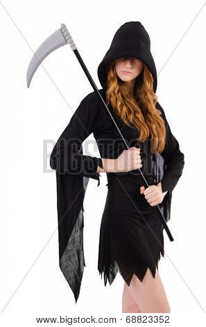 Young witch with scythe isolated on white