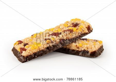 Healthy Granola Bar With Cereals And Raisins Isolated On White Background