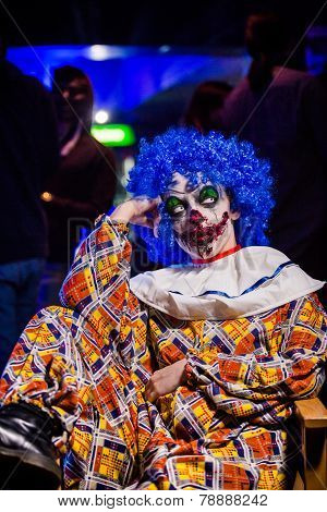Crazy ugly grunge evil clown. Scary professional Halloween masks. Halloween party