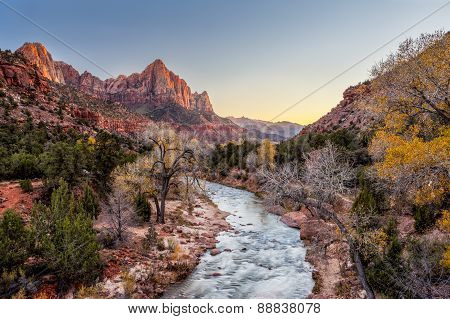 Beautiful Scene Of Zion National Park , The Watchman At Sunset, Utah