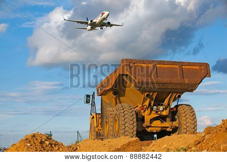 Yellow Cut Truck On The Highway Construction In Front Of Ruzyne Airport.