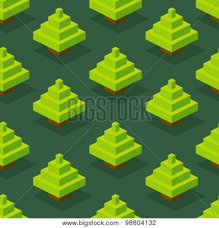 Seamless Background Of Isometric Forest. Vector Illustration In Pixel-art Style