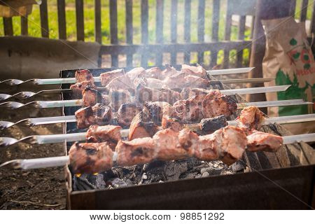 Six skewers smoke from a semi-meat on the grill