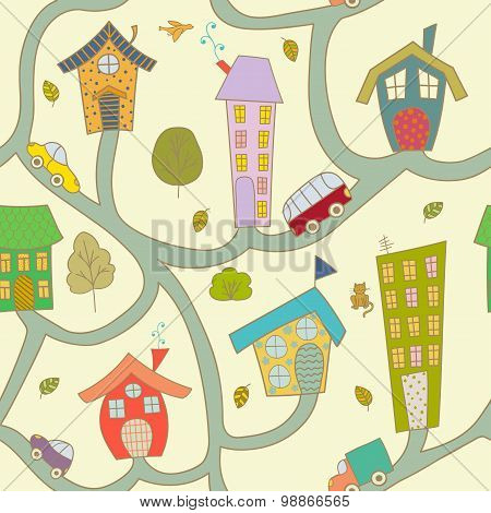 Cartoon City. Seamless Pattern