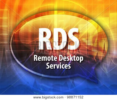 Speech bubble illustration of information technology acronym abbreviation term definition RDS Remote Desktop Services