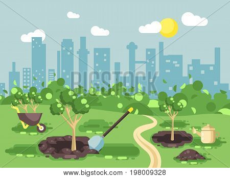 Stock vector illustration landscape, scenery, view, scene, planting garden seedlings of tree watering from geek, wheelbarrow, shovel, excavated pits in ground, taking care of ecology city flat style