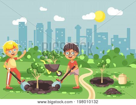 Stock vector illustration cartoon characters of children two little boys dig hole in ground for planting in garden seedlings of tree watering from geek, taking care of ecology city flat style