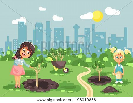 Stock vector illustration cartoon characters of children two little girls near dug holes in ground for planting in garden seedlings of tree watering from geek, taking care of ecology city flat style