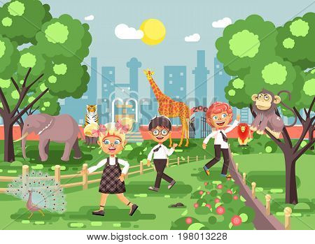 Stock vector illustration or banner for site with schoolchildren, classmates on walk, school zoo excursion zoological garden, boys and girls watching wild animals and birds flat style, city background