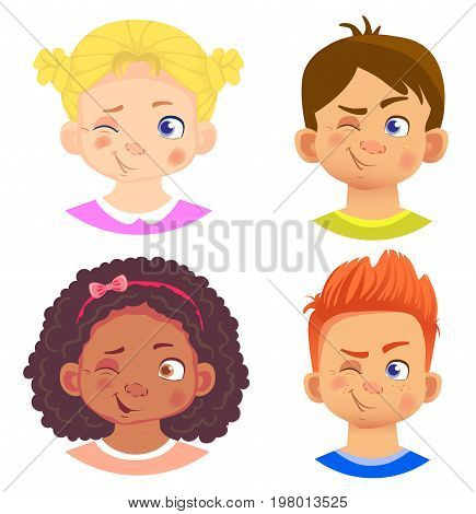 Set of girls and boy character. Children emotions. Facial expression. Set of emoticons. Wink