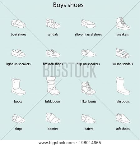 Boys shoes, set, collection of fashion footwear with names. Baby, kid, child, childhood. Vector design isolated illustration. Black outlines, white images, blue background
