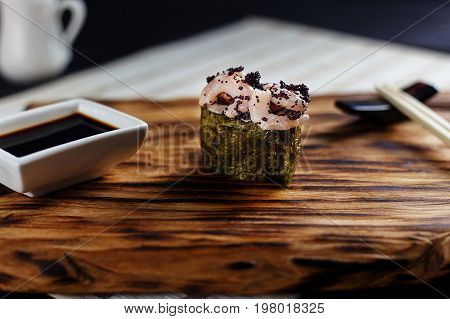 Appetizing One Sushi Gunkan With Spicy Redfish And Caviar Served