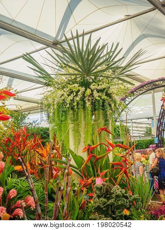 LONDON UK - MAY 25 2017: RHS Chelsea Flower Show 2017. Visitors at tropical plants display.