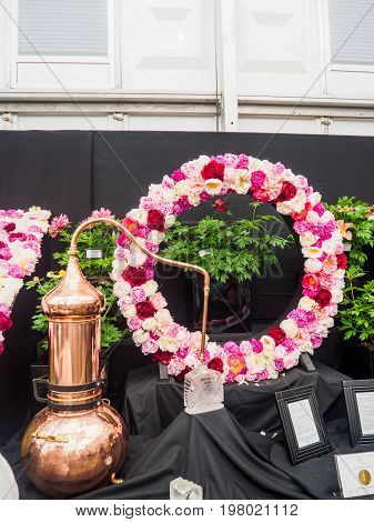 LONDON UK - MAY 25 2017: RHS Chelsea Flower Show 2017. Variegated peonies display.