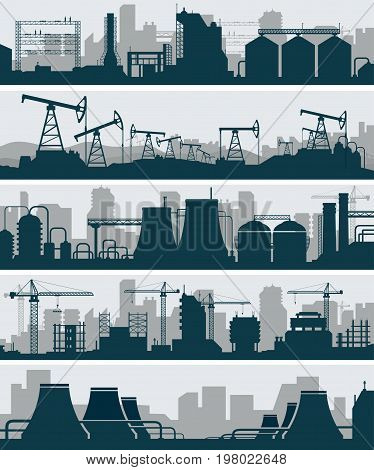 Industrial skyline set. Uraban scenery with factory pipe and building crane silhouette. Vector flat style illustration on gray background