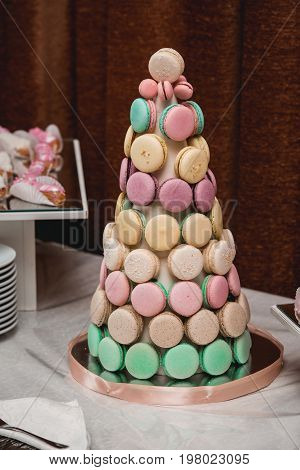 Homemade Macaroons Cackes On Stand