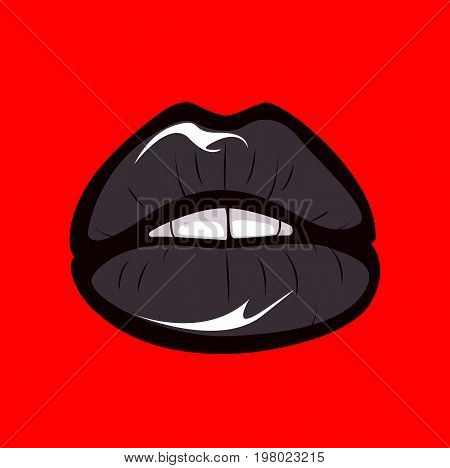 Black glamour lips. Sexy lips cartoon isolated on red background. Vector stock.