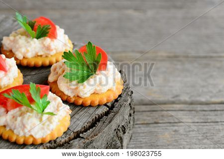 Homemade mini sandwiches with cream cheese on a wooden background with copy space for text. Quick snack from salty cookies, spicy cream cheese, fresh tomato and parsley. Tasty appetizer recipe