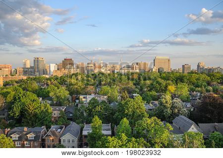 TORONTO - May 30 2014: Toronto cityscape panorama in spring time with green trees. Ontario Canada
