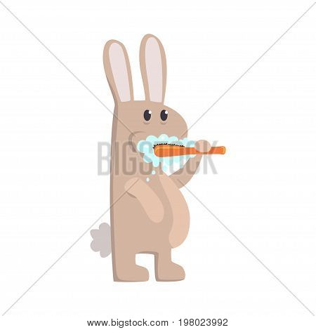 Cute cartoon bunny brushing teeth with tooth brush and paste colorful character, animal grooming vector Illustration on a white background