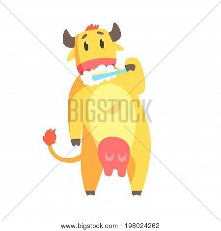 Cute cartoon cow brushing teeth with tooth brush and paste colorful character, animal grooming vector Illustration on a white background