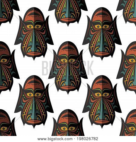 African mask seamless pattern vector illustration background. Flat icon. Ritual symbol.
