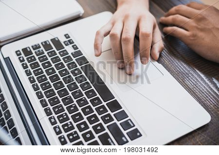 Morning Business Male. Male Hands Working On A Laptop. Horizontal Frame
