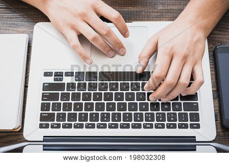 Morning Business Male. Male Hands Working On A Laptop. Horizontal Frame