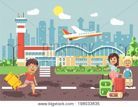 Stock vector illustration cartoon character late boy run to little children girl standing at airport, departing plane, bag suitcases awaiting for travel trip holiday weekend flat style city background