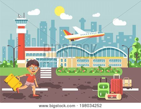Stock vector illustration cartoon character late delay boy runs to bags and suitcases standing at airport, departing plane, awaiting for travel trip holiday weekend flat style city background