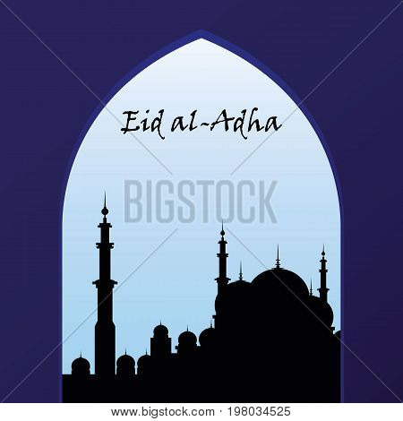 Eid Al Adha. Lettering composition of moslim holy month with mosque building