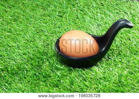 Chicken eggs in a black spoon on the lawn floor.