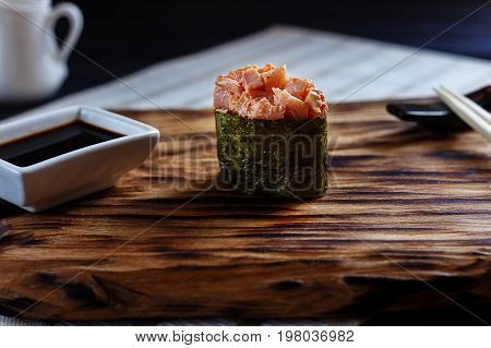 Appetizing Fresh One Nigiri Sushi With Spicy Redfish, Served On