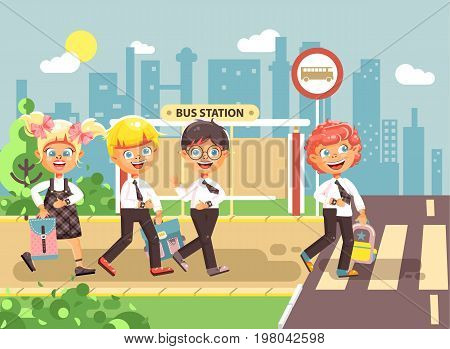 Stock vector illustration cartoon characters children, observance traffic rules, boys and girl schoolchildren classmates go to road pedestrian crossing, bus stop background, back to school flat style