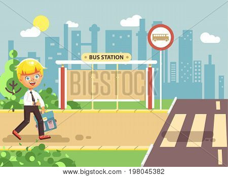 Stock vector illustration cartoon characters child, observance traffic rules, lonely blonde boy schoolchild, pupil go to road pedestrian crossing, on bus stop background, back to school in flat style