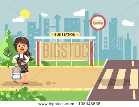 Stock vector illustration cartoon characters child, observance traffic rules, lonely brunette girl schoolchild, pupil go to road pedestrian crossing, on bus stop background, back to school flat style