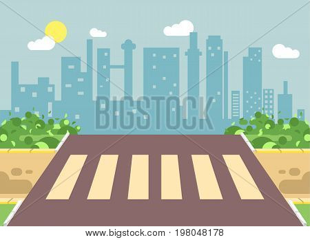 Stock vector illustration of roadside cartoon landscape with roadway, road, sidewalk and empty pedestrian zone crossing in flat style on city background element for motion design, banner, web site
