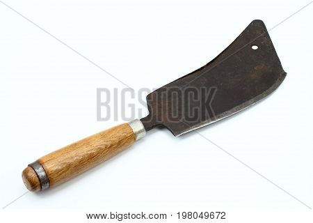 Vintage butcher meat-cleaver on the white background. Old meat chopper useful kitchen utensils