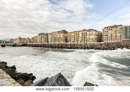 Big waves at the Urumea river delta in the city of San Sebastian. Basque Autonomous Community Spain