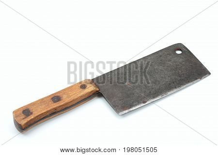 Vintage butcher meat-cleaver on the white background. Old meat chopper useful kitchen utensils