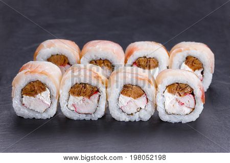 Delicious Uramaki Sushi Rolls With Crab Meat, Omelet And Cream C