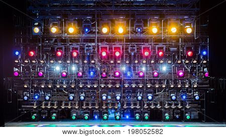 Spotlights & lighting equipment for the theater. Multi-colored lights.